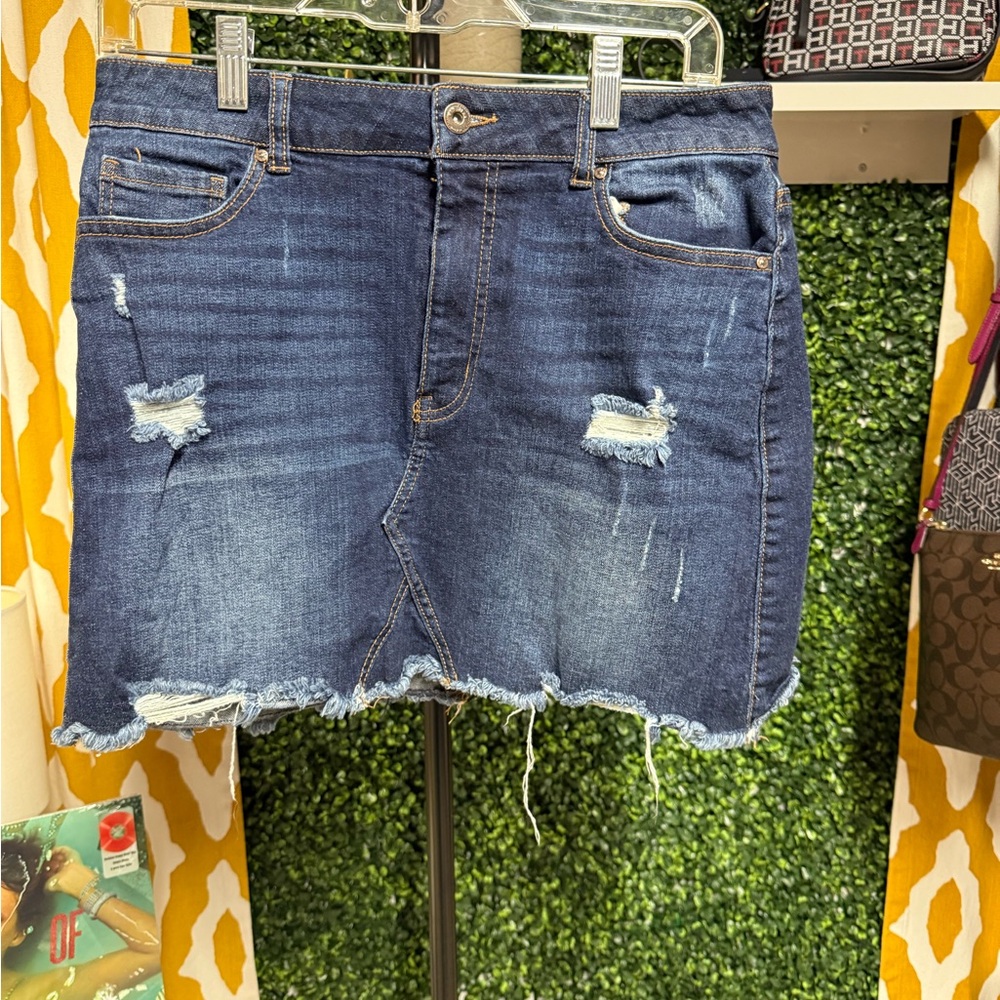 Wax Jean Dark Blue Distressed Mini Skirt